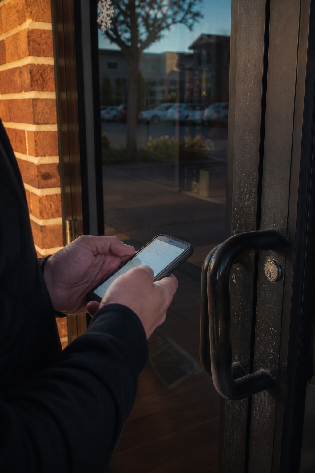 Hands holding a phone at a storefront for a field check-in