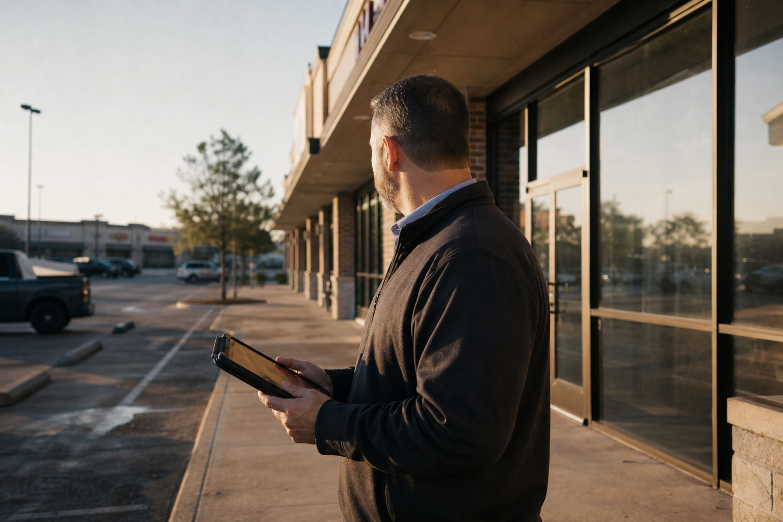 Field manager outside a retail storefront at early morning light