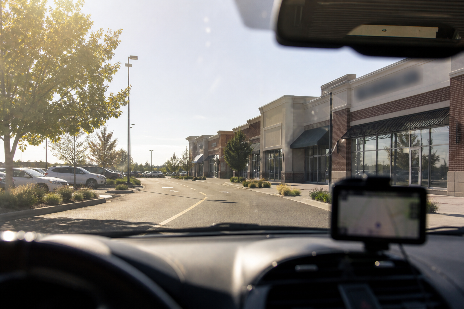 View from a car windshield mid-route between store visits