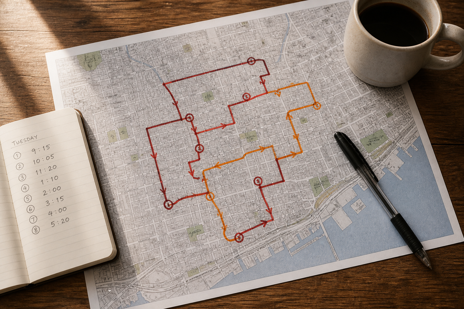 Printed city map with hand-marked routes, pen, and coffee on a desk